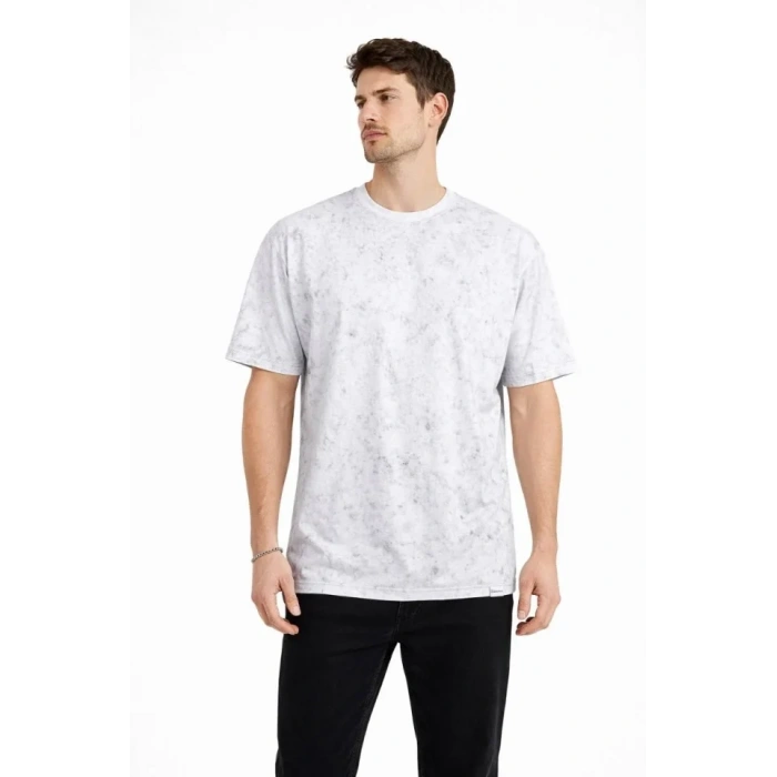 Erkek Asit Yıkama Bisiklet Yaka Kısa Kollu Oversize T-Shirt Tişört - Beyaz
