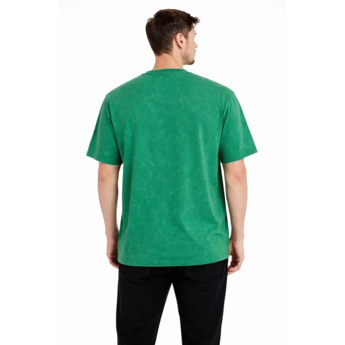 Erkek Asit Yıkama Bisiklet Yaka Kısa Kollu Oversize T-Shirt Tişört - Yeşil