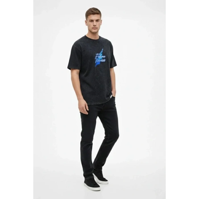 Erkek Asit Yıkamalı Oversize Tişört Future Worlds Baskılı Bisiklet Yaka Kısa Kollu Streetwear %100 Pamuk Street Style T-Shirt - Siyah