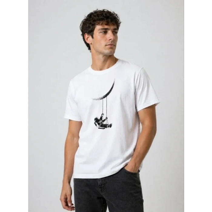 Erkek Astronot Ay Temalı Tişört Kısa Kol Yazlık Bisiklet Yaka T-Shirt - Beyaz