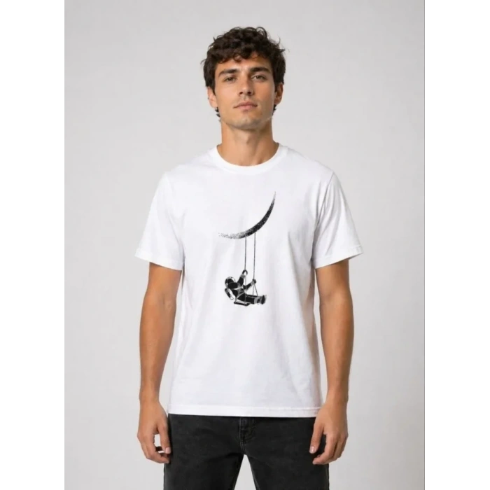 Erkek Astronot Ay Temalı Tişört Kısa Kol Yazlık Bisiklet Yaka T-Shirt - Beyaz