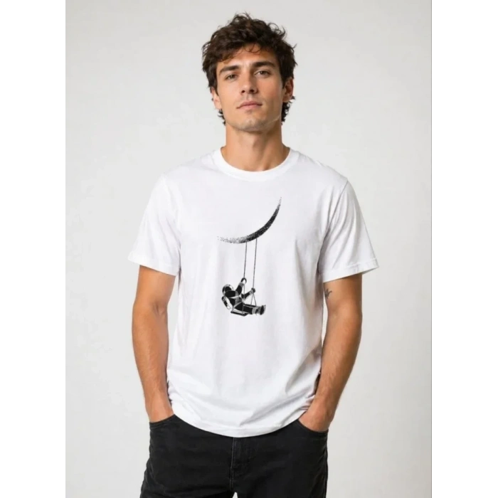 Erkek Astronot Ay Temalı Tişört Kısa Kol Yazlık Bisiklet Yaka T-Shirt - Beyaz