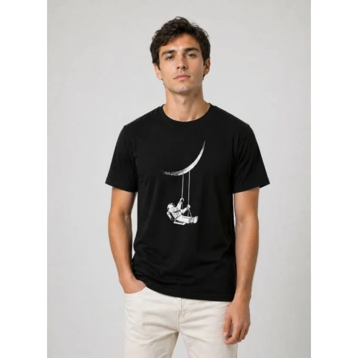 Erkek Astronot Ay Temalı Tişört Kısa Kol Yazlık Bisiklet Yaka T-Shirt - Siyah