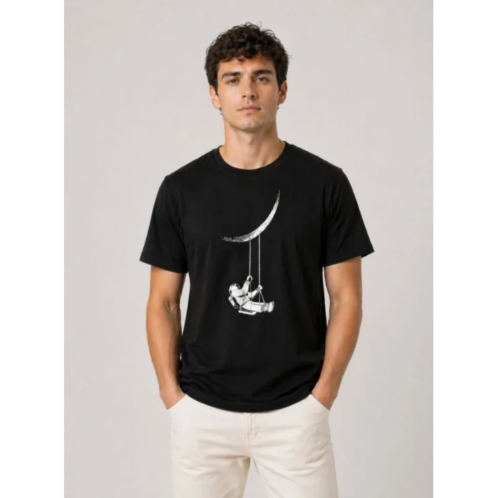 Erkek Astronot Ay Temalı Tişört Kısa Kol Yazlık Bisiklet Yaka T-Shirt - Siyah