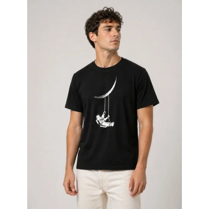 Erkek Astronot Ay Temalı Tişört Kısa Kol Yazlık Bisiklet Yaka T-Shirt - Siyah