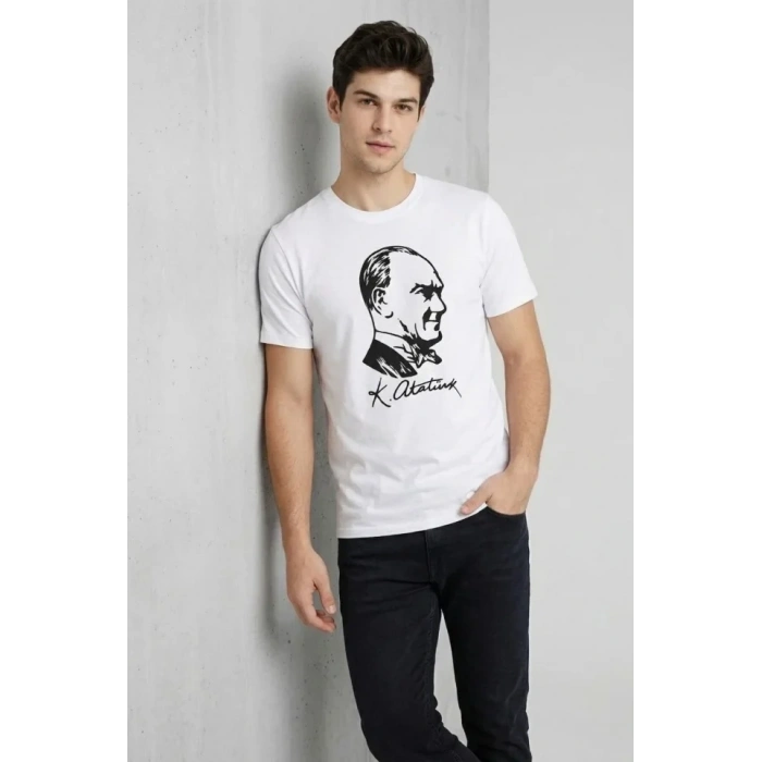 Erkek Atatürk Baskılı Tişört Kısa Kollu Bisiklet Yaka T-Shirt - Beyaz