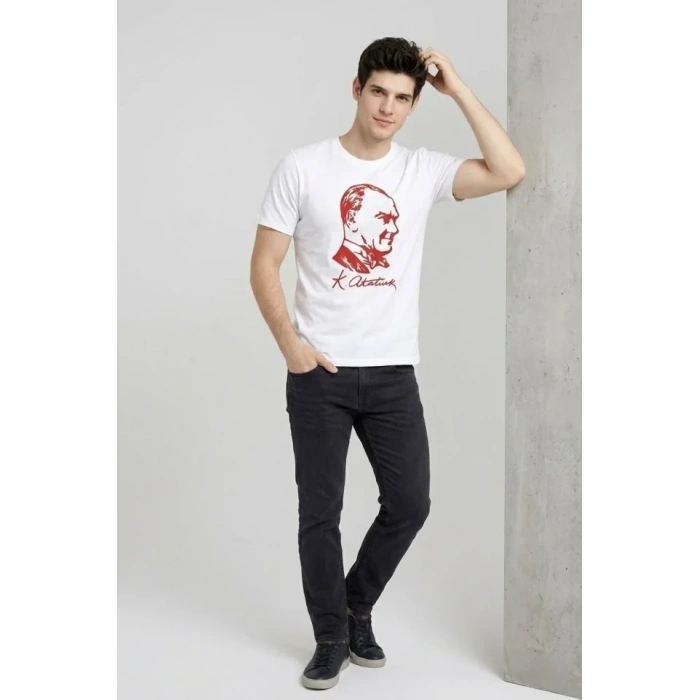 Erkek Atatürk Baskılı Tişört Kısa Kollu Bisiklet Yaka T-Shirt - Beyaz