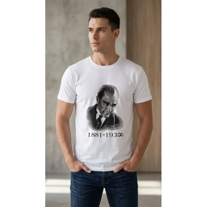 Erkek Atatürk Baskılı Tişört Kısa Kollu Bisiklet Yaka  T-Shirt - Beyaz
