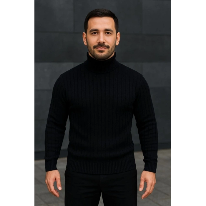 Erkek Balıkcı Yaka Bağazlı Triko Kazak Pamuklu Kalın Fitilli Dokuma, Regular Fit Uzun Kollu Kışlık Model - Siyah