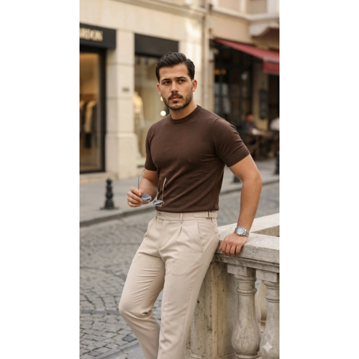 Erkek Basic Bisiklet Yaka Kısa Kollu Triko Tişört - %100 Pamuk Akrilik