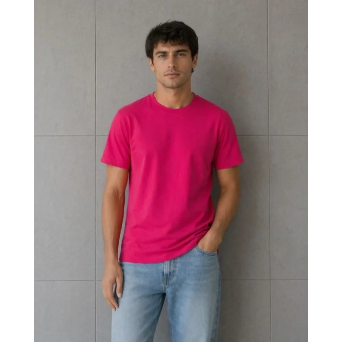 Erkek Basic Pamuklu Tişört Bisiklet Yaka Düz Renk Regular Fit T-Shirt - Fuşya