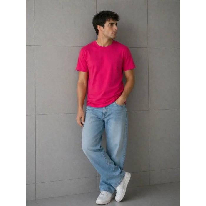 Erkek Basic Pamuklu Tişört Bisiklet Yaka Düz Renk Regular Fit T-Shirt - Fuşya