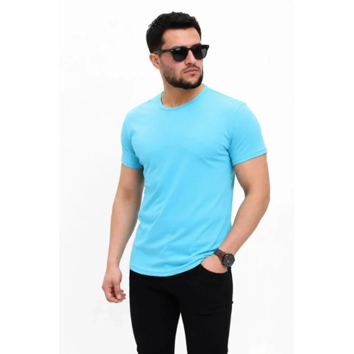Erkek Basic Tişört Bisiklet Yaka Kısa Kol Günlük Yazlık Slim Fit T-Shirt - Açık Mavi