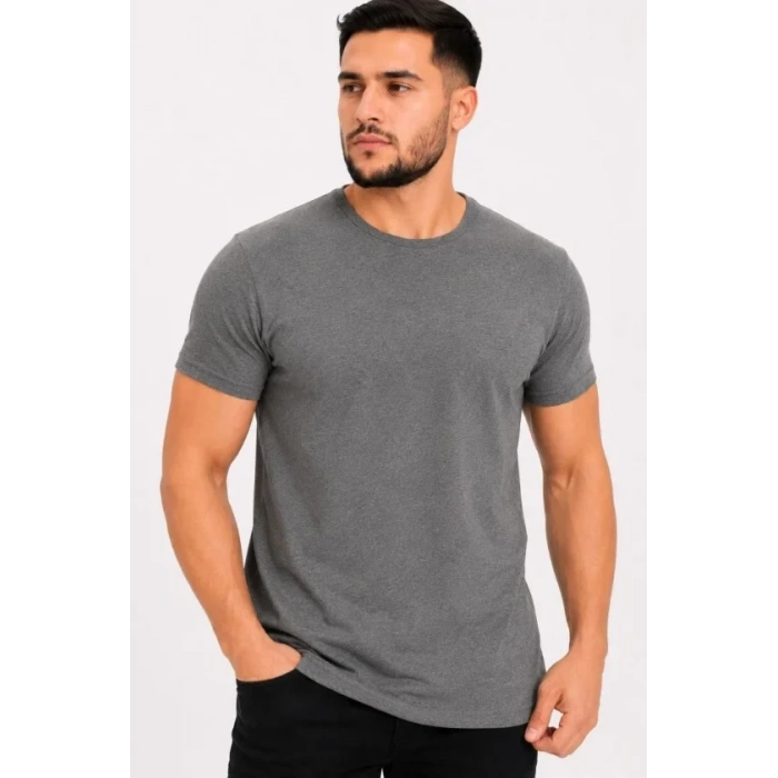 Erkek Basic Tişört Bisiklet Yaka Kısa Kol Günlük Yazlık Slim Fit T-Shirt - Antrasit