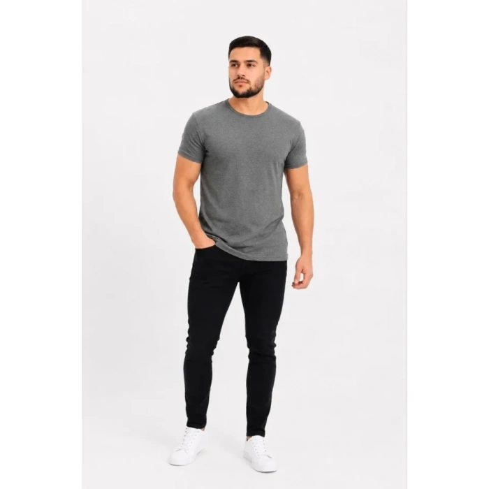 Erkek Basic Tişört Bisiklet Yaka Kısa Kol Günlük Yazlık Slim Fit T-Shirt - Antrasit