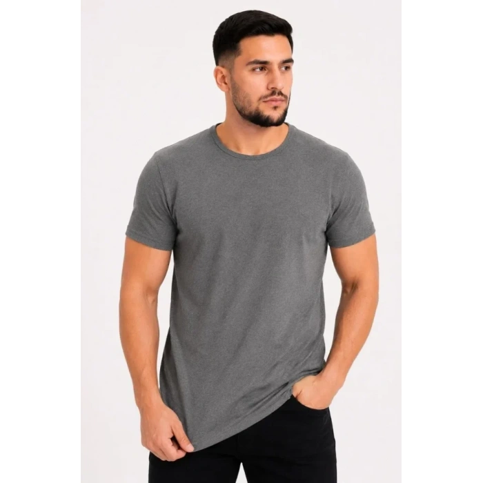 Erkek Basic Tişört Bisiklet Yaka Kısa Kol Günlük Yazlık Slim Fit T-Shirt - Antrasit