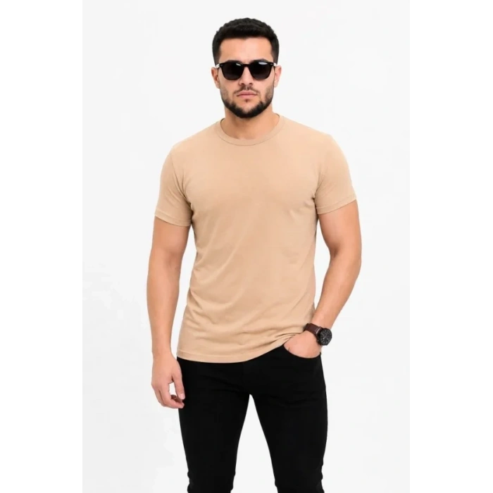 Erkek Basic Tişört Bisiklet Yaka Kısa Kol Günlük Yazlık Slim Fit T-Shirt - Bej