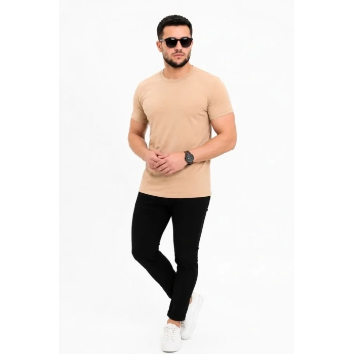 Erkek Basic Tişört Bisiklet Yaka Kısa Kol Günlük Yazlık Slim Fit T-Shirt - Bej