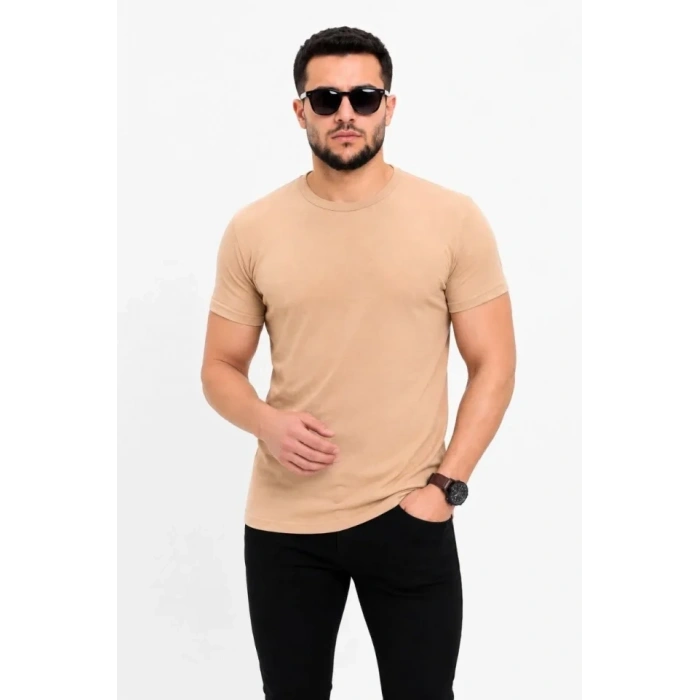 Erkek Basic Tişört Bisiklet Yaka Kısa Kol Günlük Yazlık Slim Fit T-Shirt - Bej