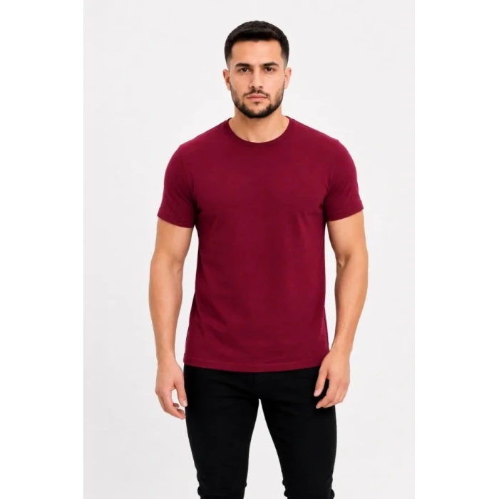 Erkek Basic Tişört Bisiklet Yaka Kısa Kol Günlük Yazlık Slim Fit T-Shirt - Bordo