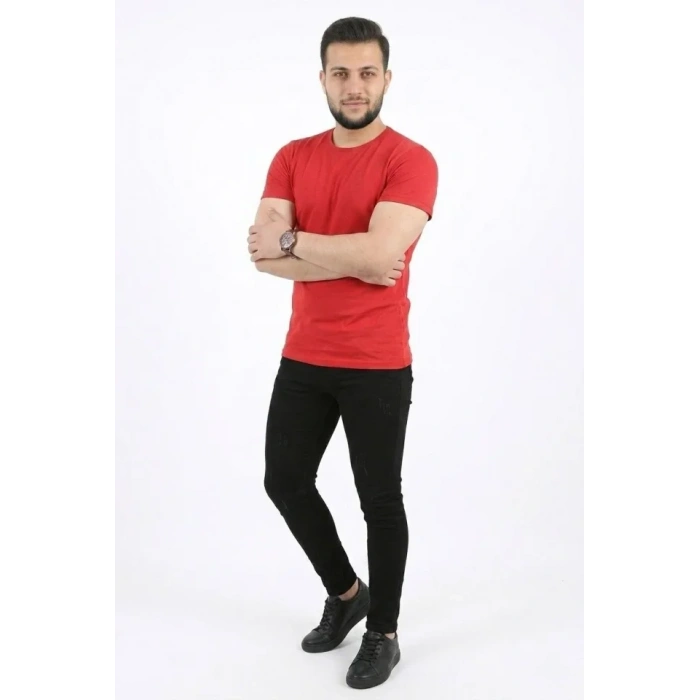 Erkek Basic Tişört Bisiklet Yaka Kısa Kol Günlük Yazlık Slim Fit T-Shirt - Kırmızı