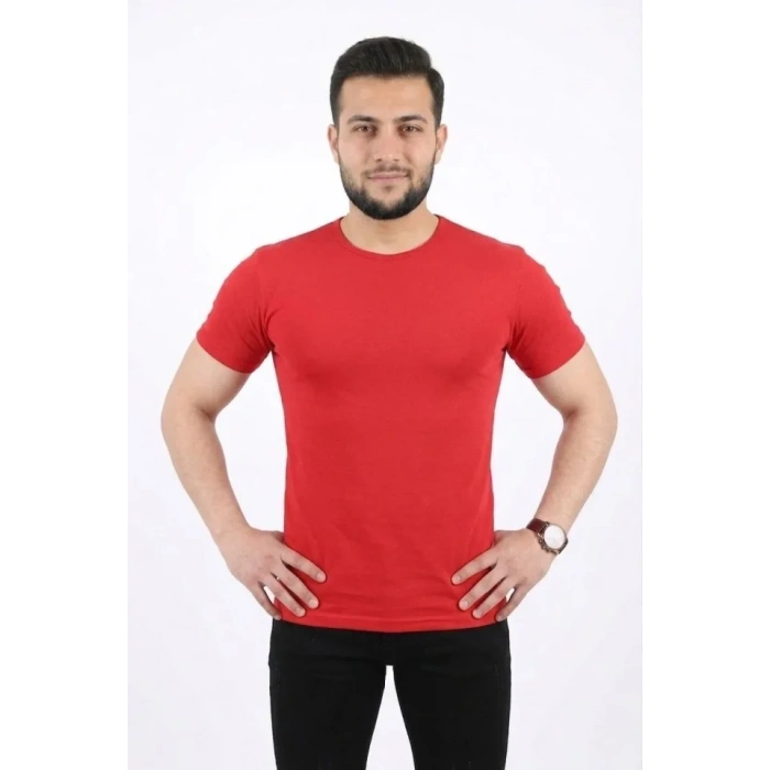 Erkek Basic Tişört Bisiklet Yaka Kısa Kol Günlük Yazlık Slim Fit T-Shirt - Kırmızı