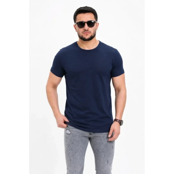 Erkek Basic Tişört Bisiklet Yaka Kısa Kol Günlük Yazlık Slim Fit T-Shirt - Lacivert