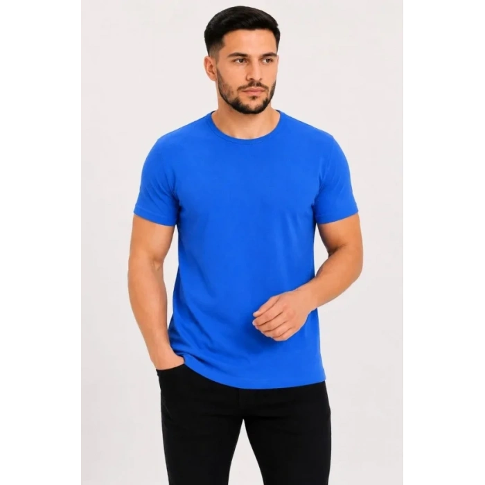 Erkek Basic Tişört Bisiklet Yaka Kısa Kol Günlük Yazlık Slim Fit T-Shirt - Saks Mavisi