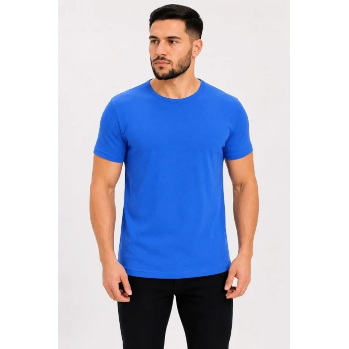 Erkek Basic Tişört Bisiklet Yaka Kısa Kol Günlük Yazlık Slim Fit T-Shirt - Saks Mavisi