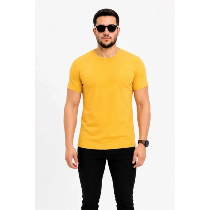 Erkek Basic Tişört Bisiklet Yaka Kısa Kol Günlük Yazlık Slim Fit T-Shirt - Sarı