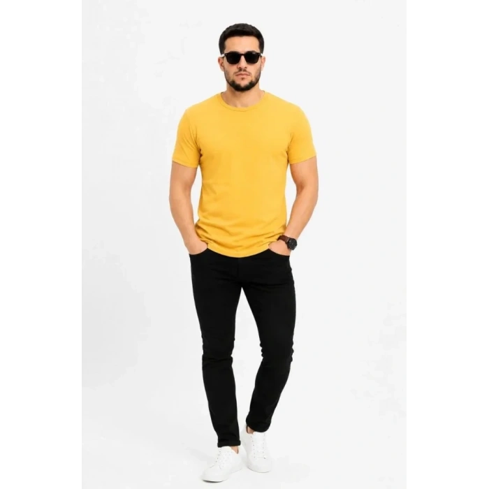 Erkek Basic Tişört Bisiklet Yaka Kısa Kol Günlük Yazlık Slim Fit T-Shirt - Sarı