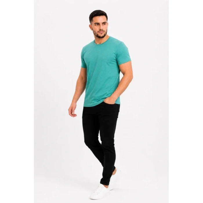 Erkek Basic Tişört Bisiklet Yaka Kısa Kol Günlük Yazlık Slim Fit T-Shirt - Su Yeşili