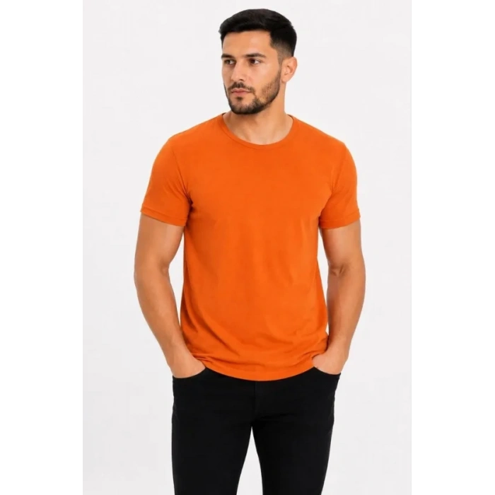 Erkek Basic Tişört Bisiklet Yaka Kısa Kol Günlük Yazlık Slim Fit T-Shirt - Turuncu