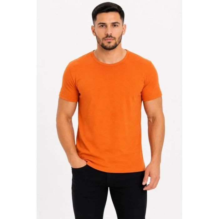 Erkek Basic Tişört Bisiklet Yaka Kısa Kol Günlük Yazlık Slim Fit T-Shirt - Turuncu