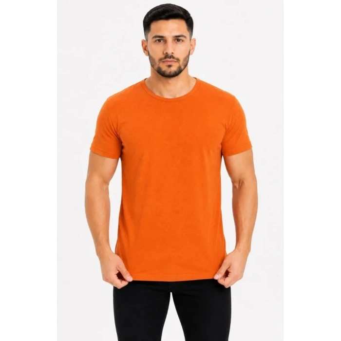 Erkek Basic Tişört Bisiklet Yaka Kısa Kol Günlük Yazlık Slim Fit T-Shirt - Turuncu