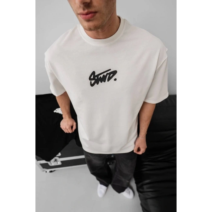 Erkek Baskılı Oversize T-shirt - Beyaz