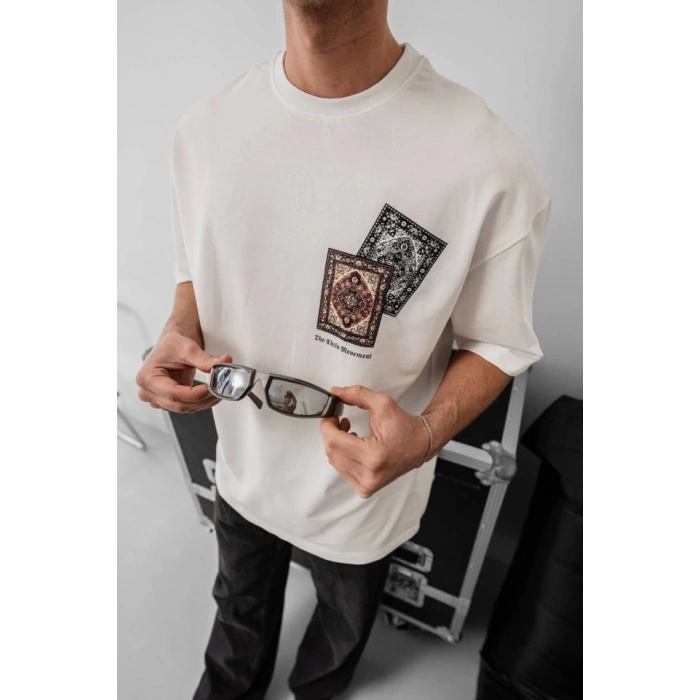 Erkek Baskılı Oversize T-shirt - Beyaz