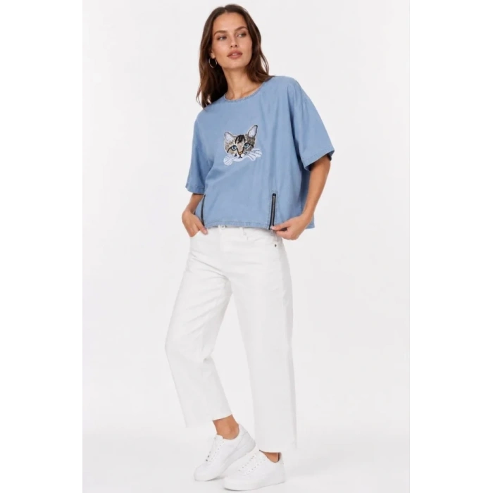 Erkek Baskılı T-Shirt Kısa Kol Bisiklet Yaka Rahat Kalıp Tişört - Mavi