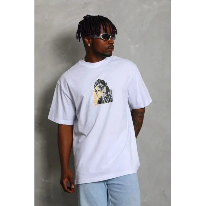 Erkek Baskılı T-Shirt Kısa Kol Bisiklet Yaka Regular Fit Rahat Kalıp Günlük Tişört - Beyaz
