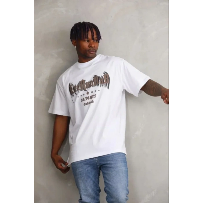 Erkek Baskılı T-Shirt Kısa Kol Bisiklet Yaka Regular Fit Rahat Kalıp Günlük Tişört - Beyaz