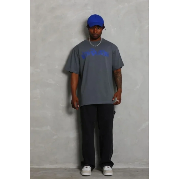 Erkek Baskılı T-Shirt Kısa Kol Bisiklet Yaka Regular Fit Rahat Kalıp Günlük Tişört - Füme