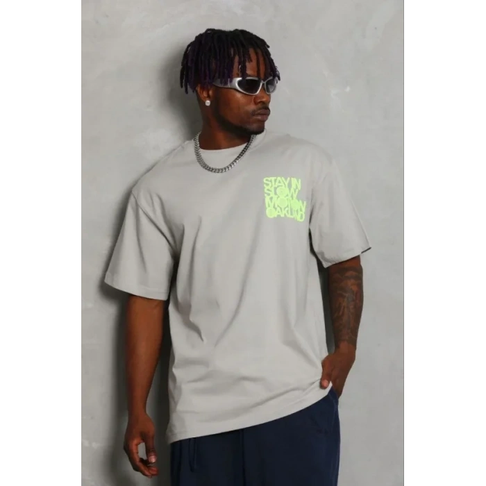 Erkek Baskılı T-Shirt Kısa Kol Bisiklet Yaka Regular Fit Rahat Kalıp Günlük Tişört - Gri