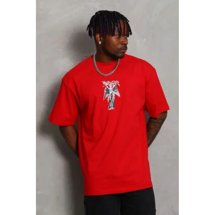 Erkek Baskılı T-Shirt Kısa Kol Bisiklet Yaka Regular Fit Rahat Kalıp Günlük Tişört - Kırmızı