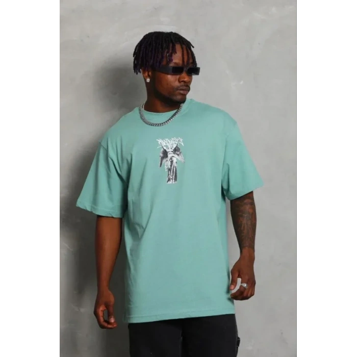 Erkek Baskılı T-Shirt Kısa Kol Bisiklet Yaka Regular Fit Rahat Kalıp Günlük Tişört - Mint Yeşili