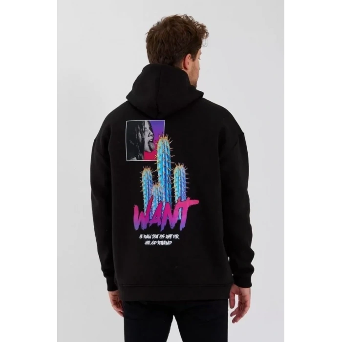 Erkek Baskılı Üç İplik Kapüşonlu Oversize Sweatshirt - Siyah