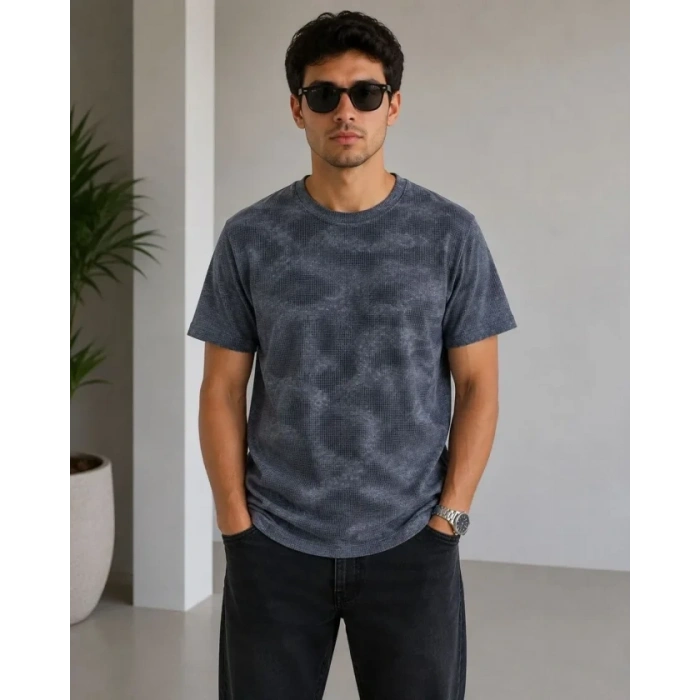 Erkek Batik Desenli Tişört Bisiklet Yaka Kısa Kol Regular Fit T-shirt - Füme
