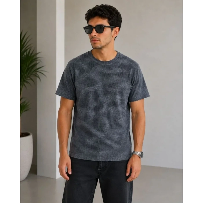 Erkek Batik Desenli Tişört Bisiklet Yaka Kısa Kol Regular Fit T-shirt - Füme