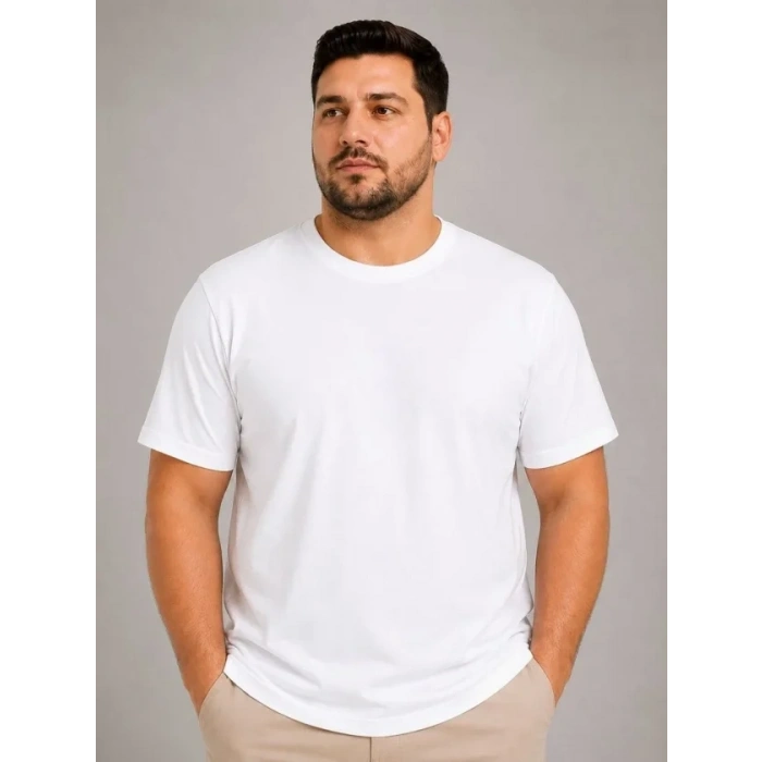 Erkek Battal Big Size Basic Tişört Bisiklet Yaka Rahat Kalıp T-Shirt - Beyaz