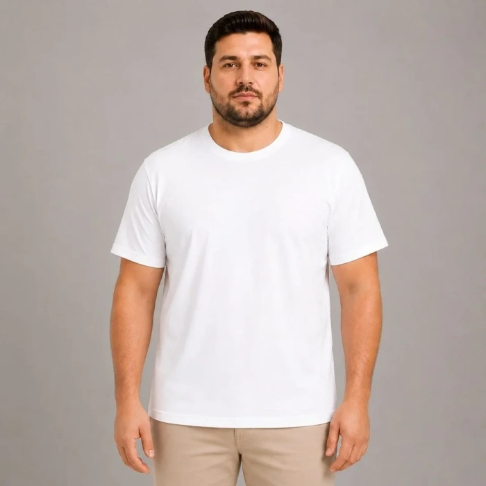 Erkek Battal Big Size Basic Tişört Bisiklet Yaka Rahat Kalıp T-Shirt - Beyaz