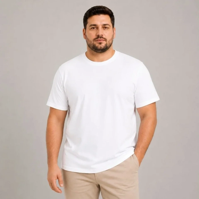 Erkek Battal Big Size Basic Tişört Bisiklet Yaka Rahat Kalıp T-Shirt - Beyaz